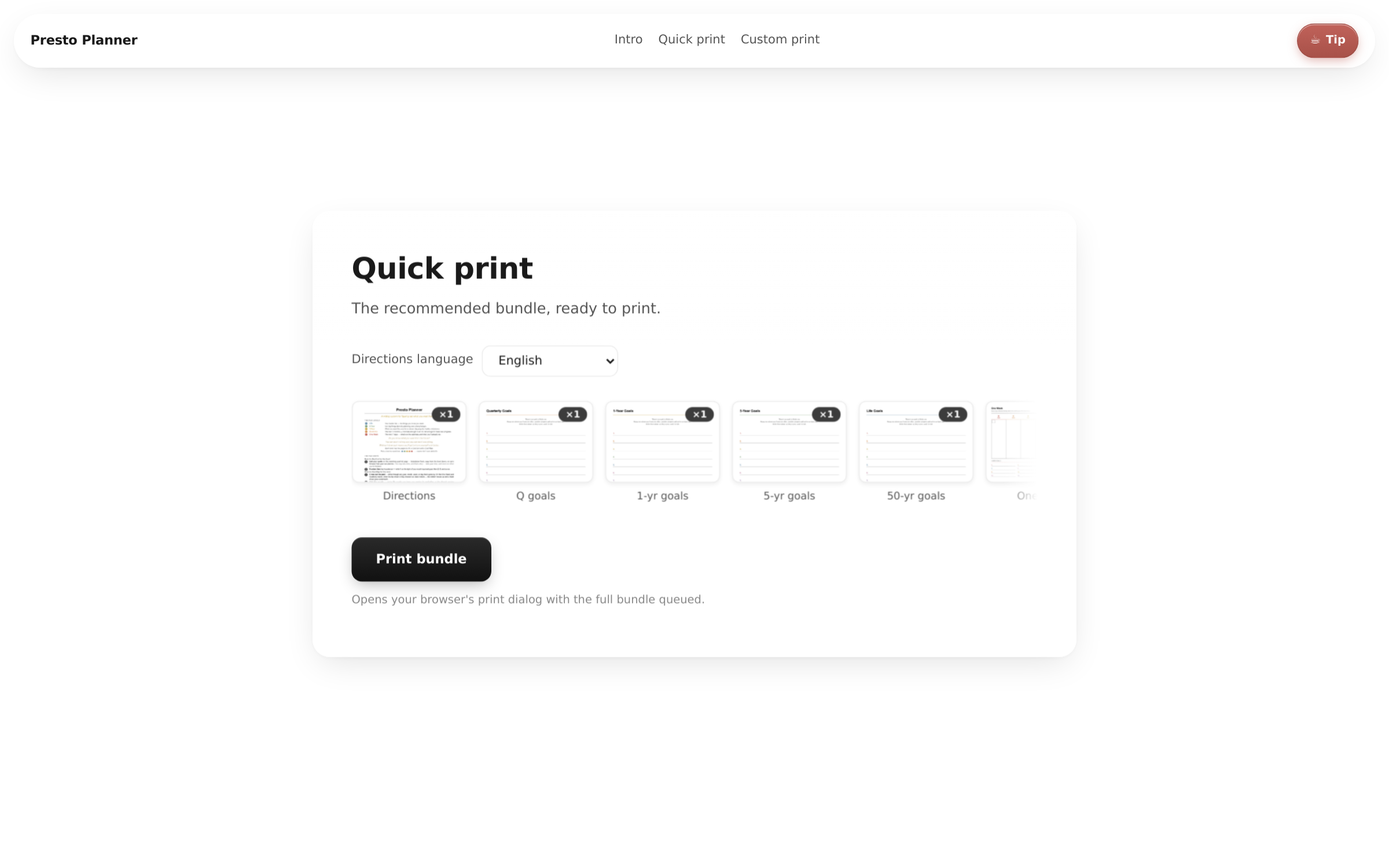 Presto Planner â€” Quick Print section
