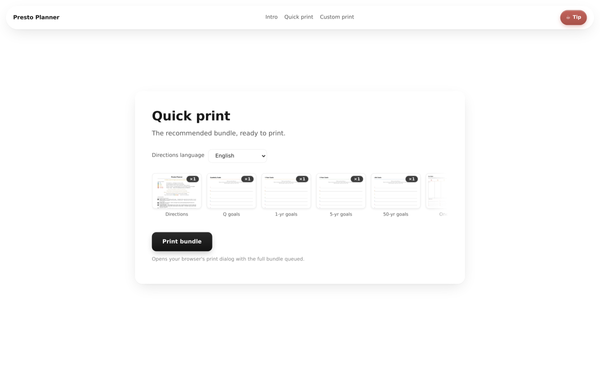 Presto Planner â€” Quick Print section