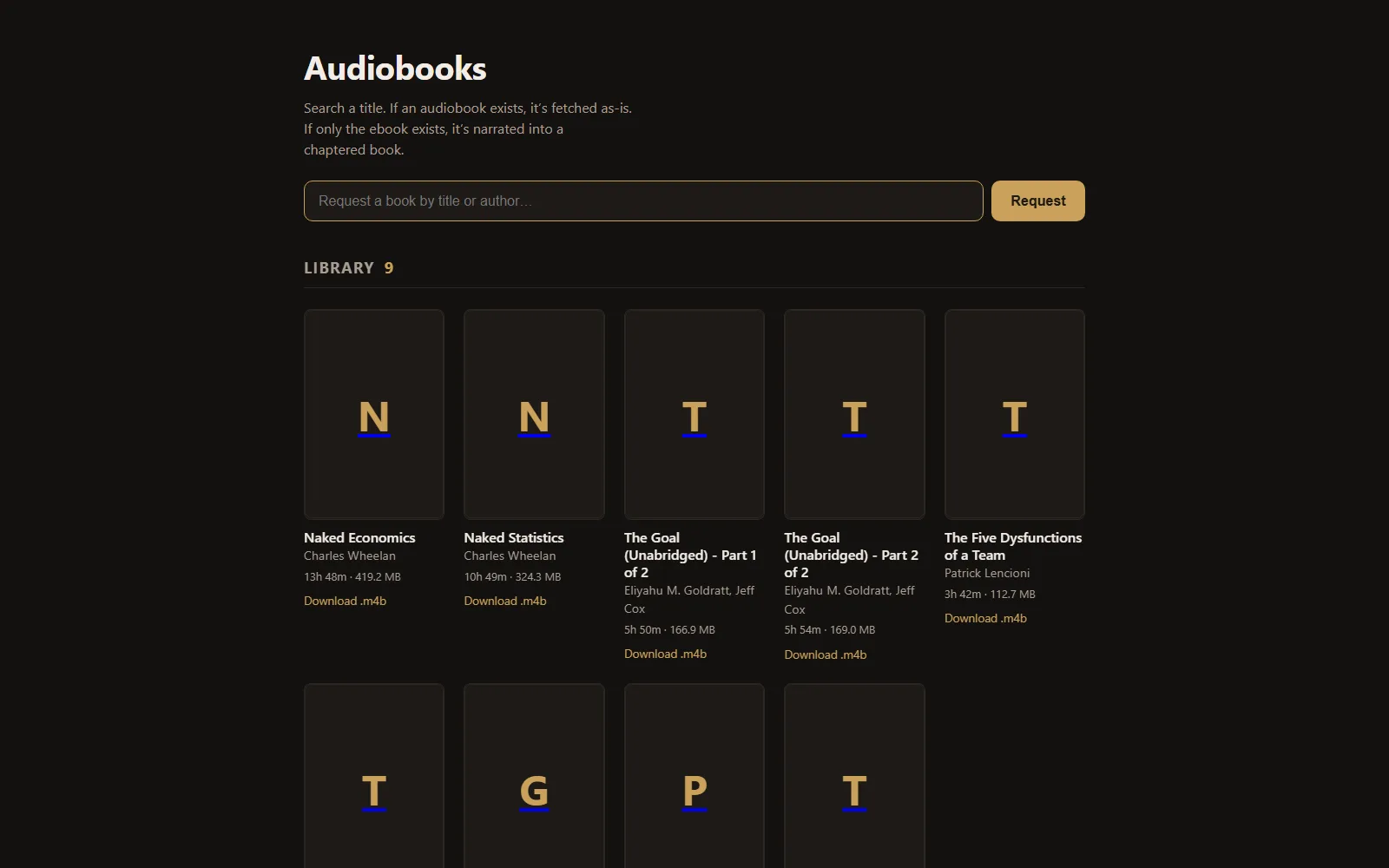 The Audiobooks Factory library — request a book, get a narrated audiobook