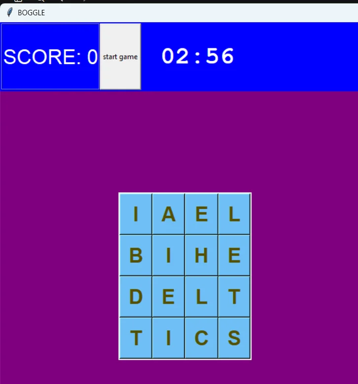 Boggle — 4×4 letter board with score and 3-minute timer