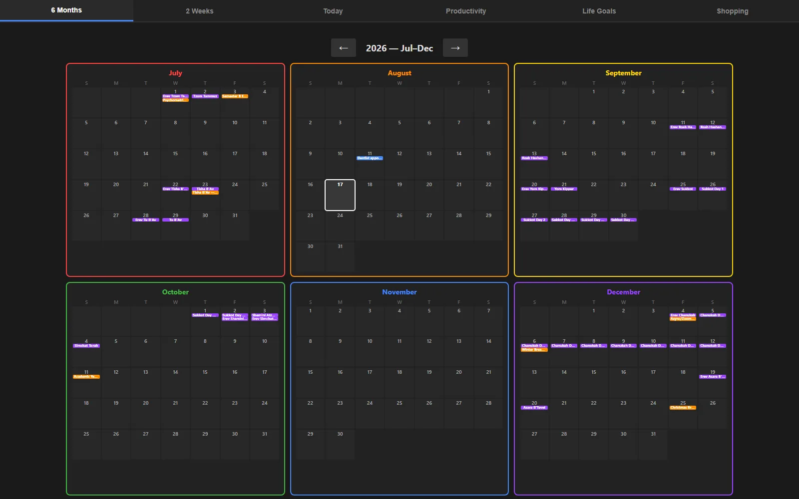 Six-month calendar view with holidays and events added by the AI secretary
