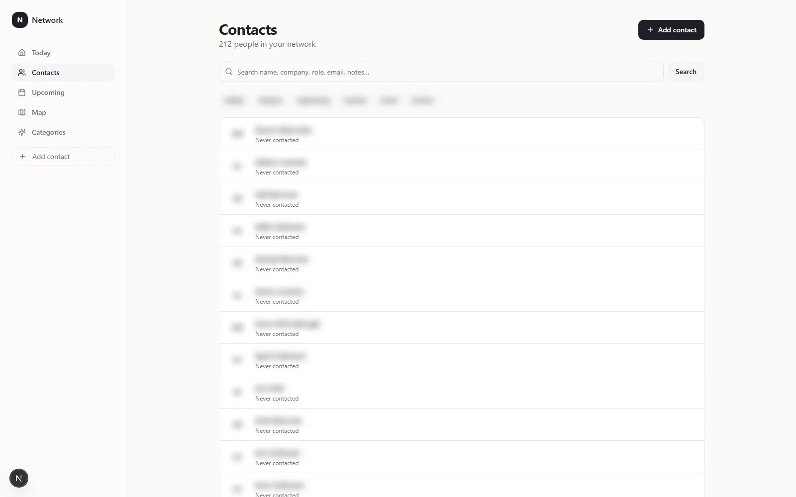 The networking CRM — 212 people, names blurred
