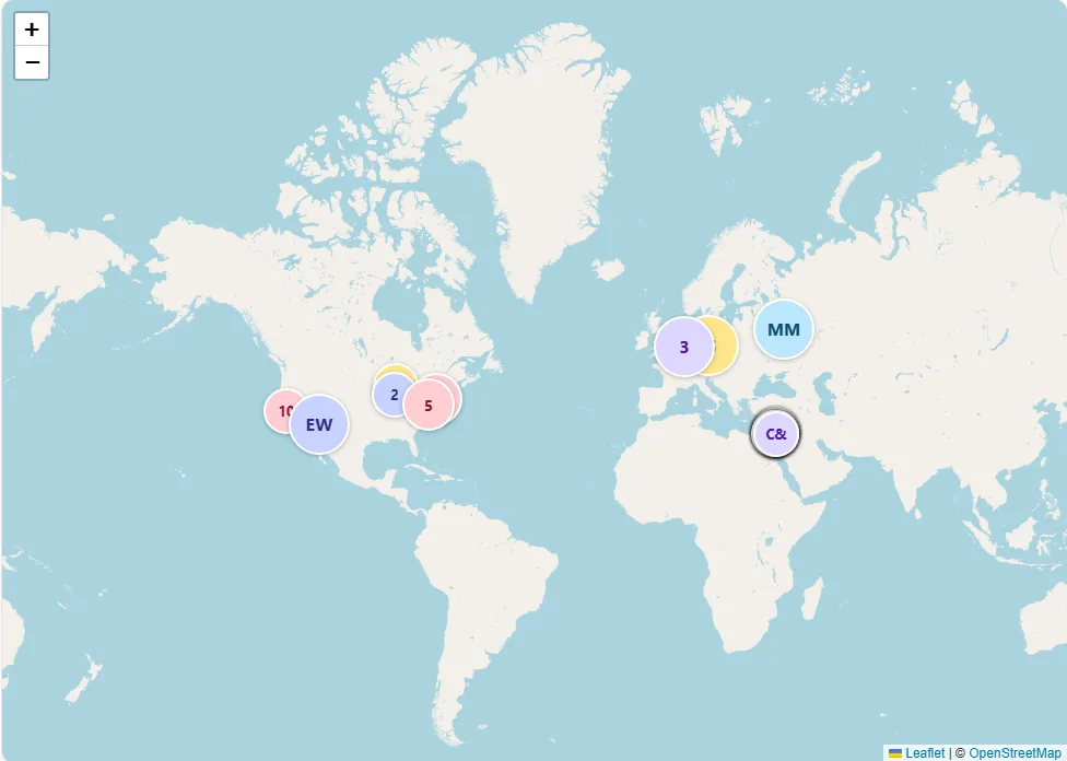 The map — every contact in the network placed across the world