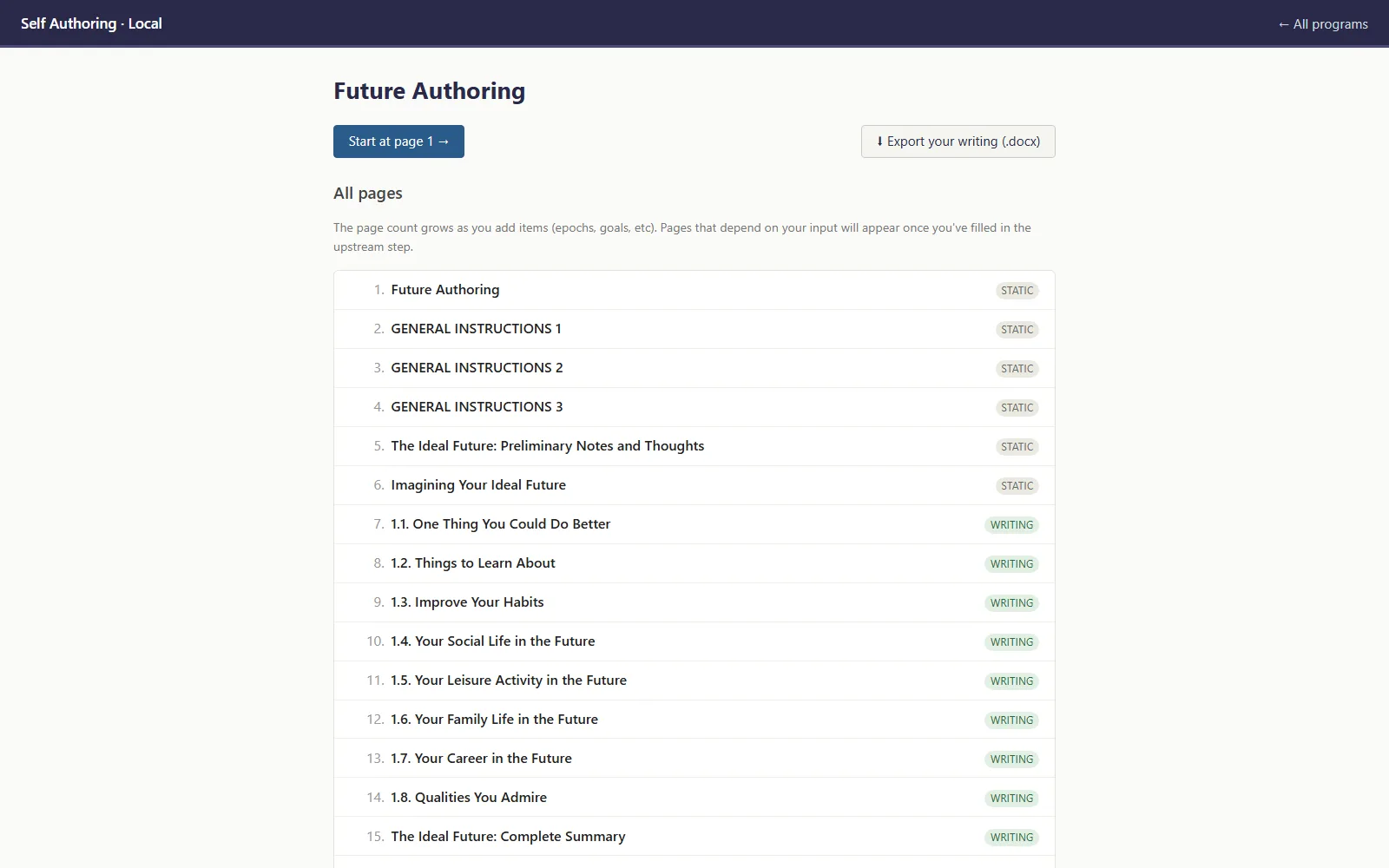Future Authoring program rebuilt — page list with writing exercises